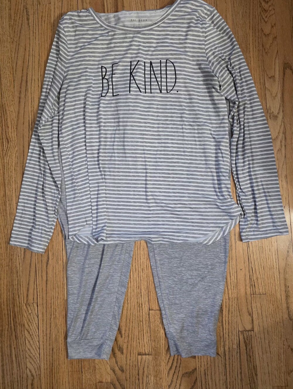 Rae Dunn Women's Size L Grey Striped "Be Kind" Pajama Set
